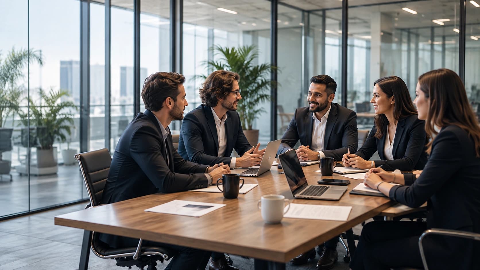 Professional team collaborating in a modern boardroom