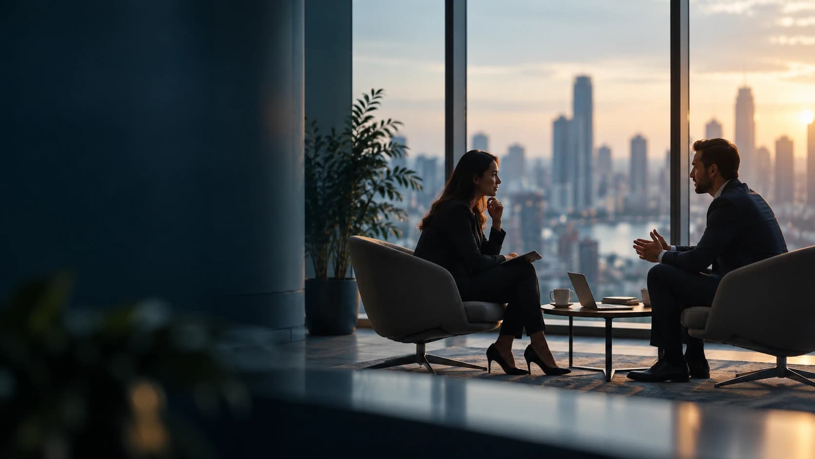 Two business professionals meeting beside city windows