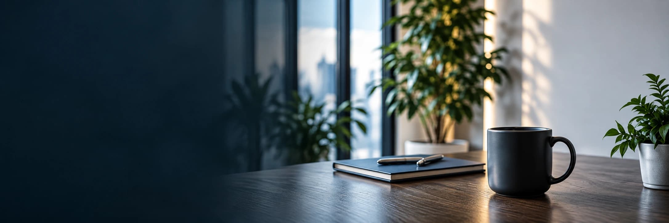 Black coffee mug and notebook on a modern office desk