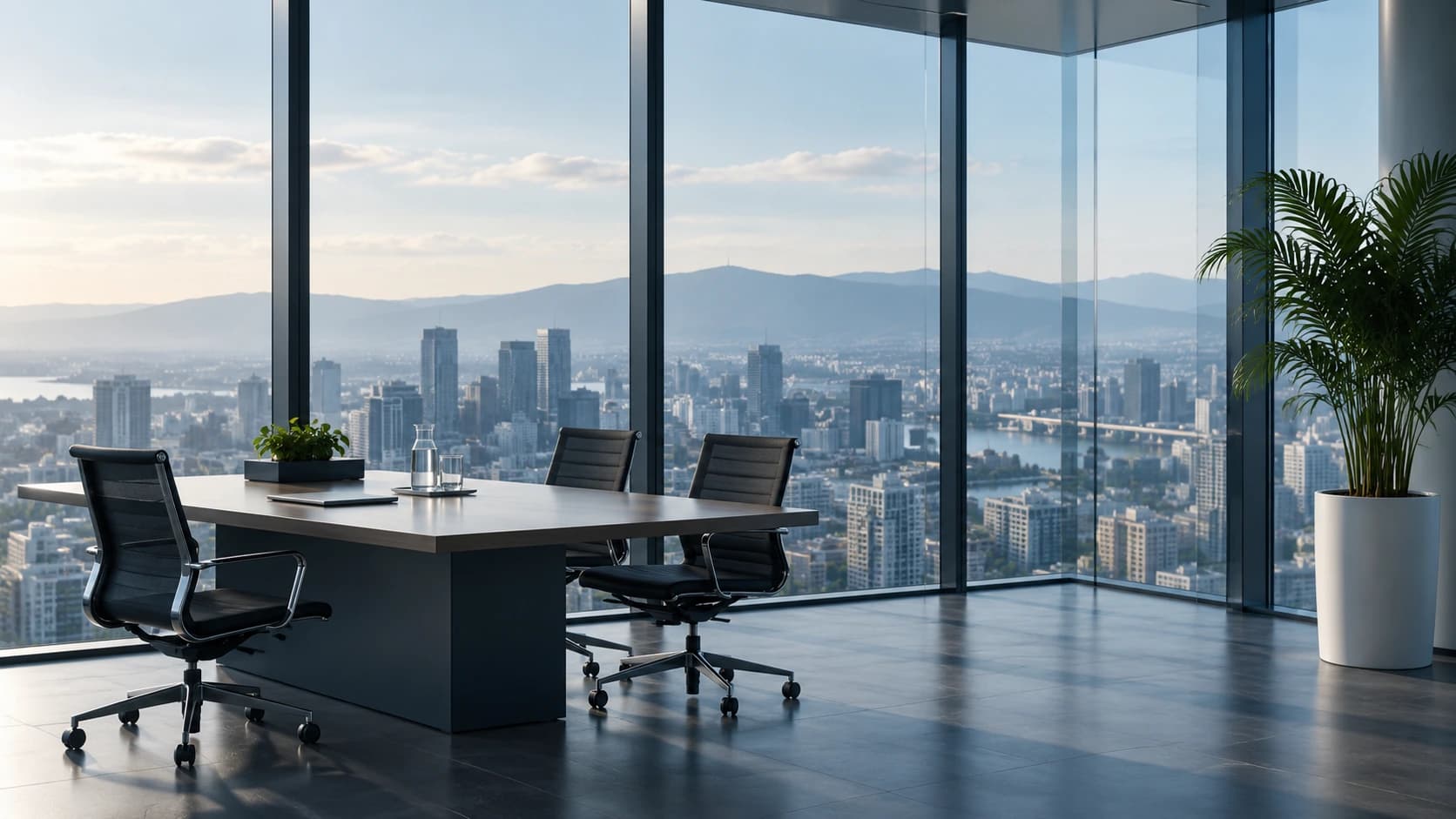 Glass meeting room overlooking a city
