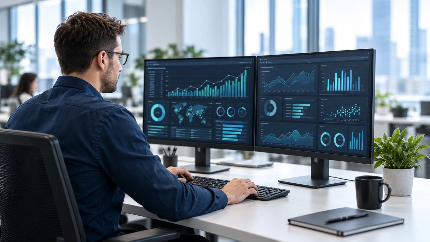Business intelligence specialist reviewing dashboards