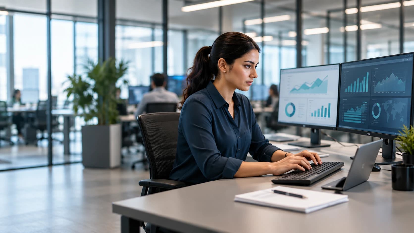 Financial operations specialist working at dual monitors