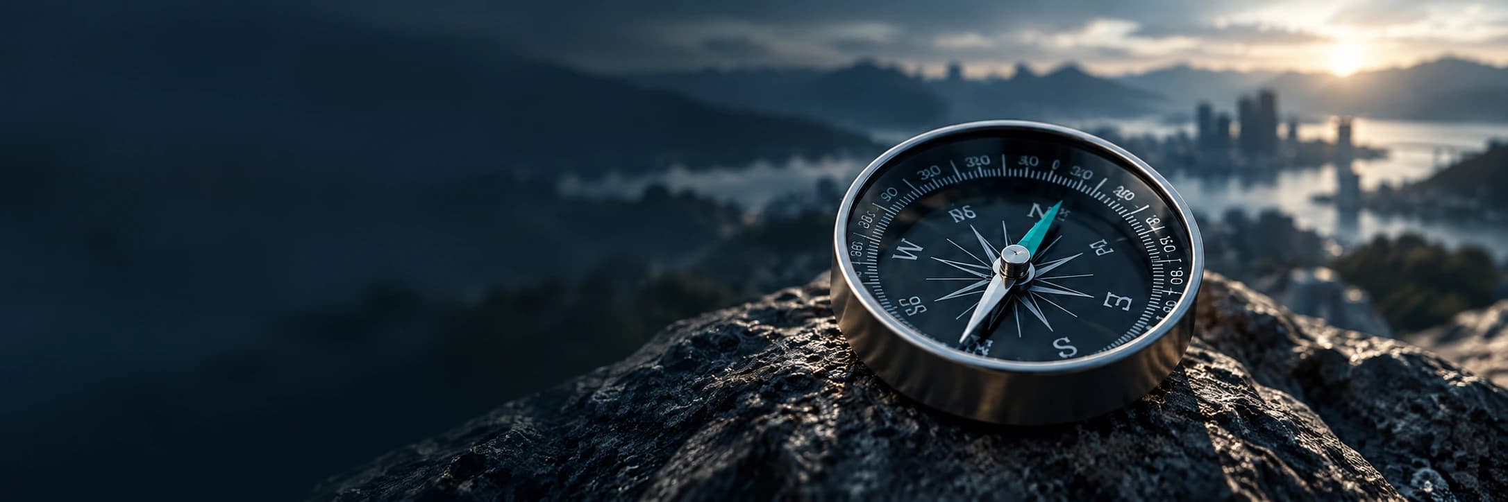 Navigation compass overlooking a distant city